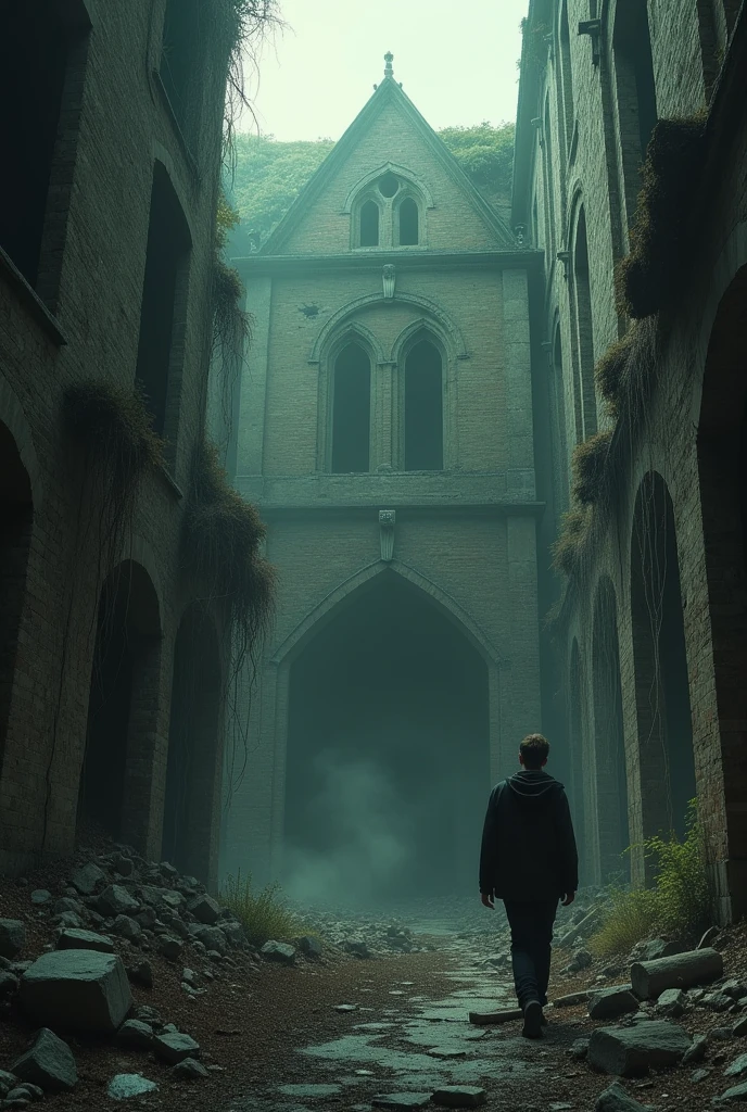 A man walking around old ghost building