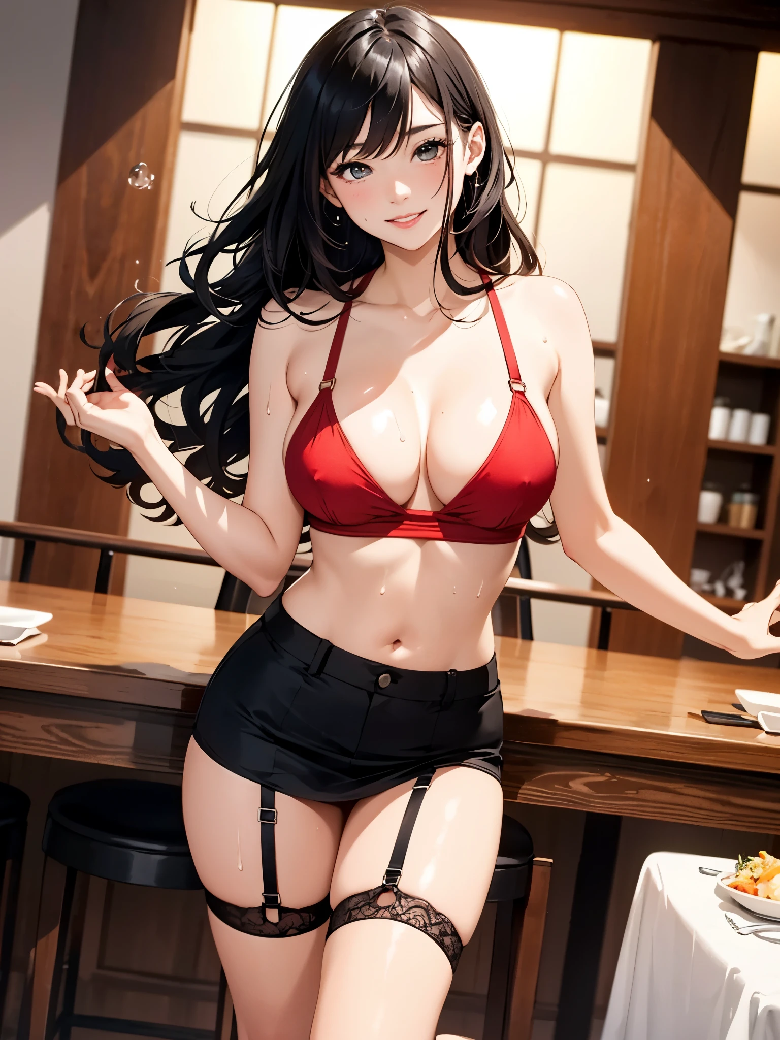 Highest quality、High definition、A very cute beautiful girl、Pretty lips、Very sensual、G-cup bust、Very sensual、Smiling Beauty、feminine、Skin like in the picture、Glossy Skin、Various hairstyles、Different hair colors、Flowing hair texture、A beautiful woman with a large amount of milky liquid flowing all over her body、Sweaty、A beautiful woman in a colorful and cute tank top、Short skirt、Red stiletto heels、Garter belt and stockings、Blue and pink camisole、chest、Shoulder Bare、Sexy pose、T-back shorts、Date at a Japanese restaurant、