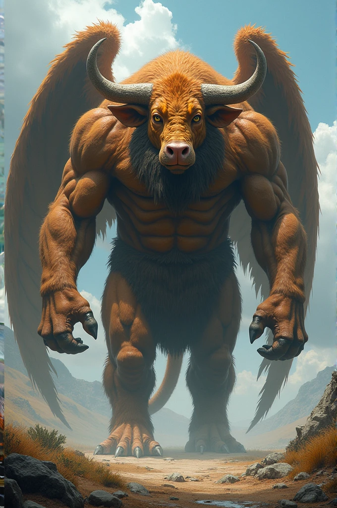 A giant creature with a body covered in hair, a beard, horns, two wings, an ox head, a lion's mane, a ram's tail, pig eyes, 60 yards tall, elephant ears, and the color of a tiger.