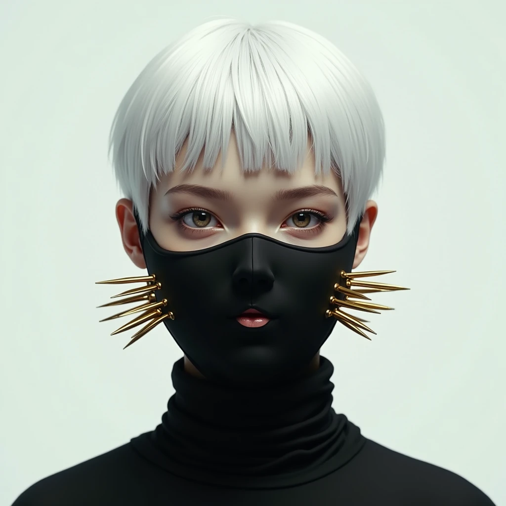 Character with white short hair, in a black fabric mask on half of the face covered with golden spikes. Parted lips, simple background, minimalism,
