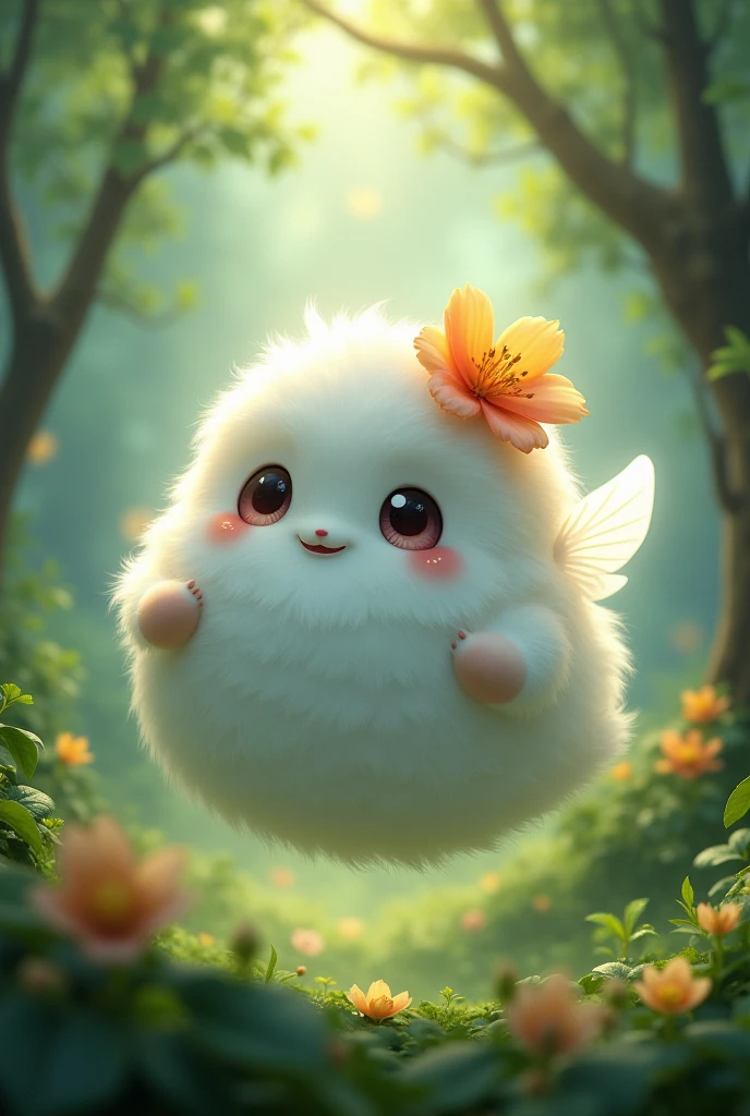 A round white animal with fluffy fur、Big round eyes、flower on head、No limbs、Move while flying、Spirit in the forest
