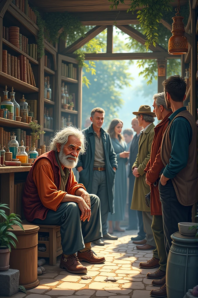 Poor old man wearing rags clothes sit in shop everyone wants to meet him cartoon