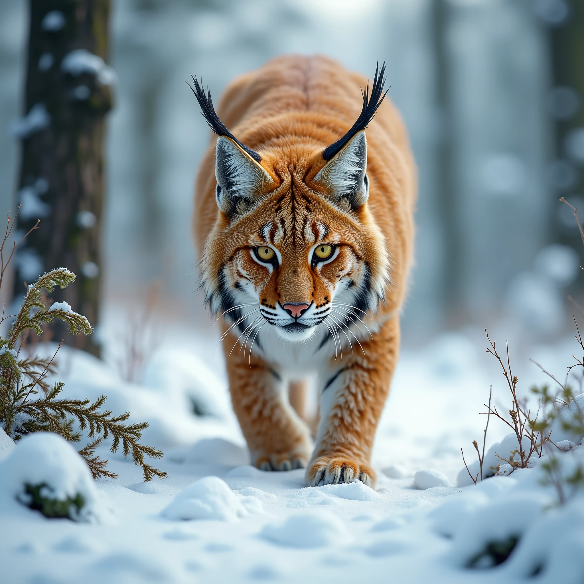 an orange lynx in a snowy environment, high resolution, HDR, subtle lush green element to the image