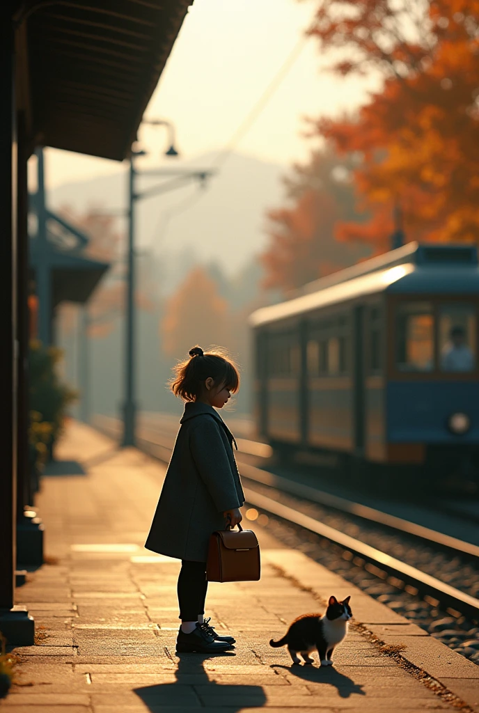 35mm lens，Multiple Angles，Country~ side scenery，Suburban，return，~ side，silhouette，Overhead Shot，Cat，Are standing，doll，Carrying a small school bag，Tram，Hokkaido，Autumn Station，Wooden house，platform， Cape,Nguyen Gia,suit,tie, (Delicate face), (High-quality fluffy fur)，（35mm cinema lenses），（Multi-angle shooting），（Wide range of angles）