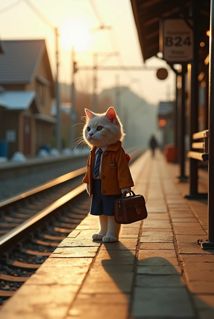 35mm lens,Multiple Angles,Country~ side scenery,Suburban,return,~ side,silhouette,Overhead Shot,Cat,Are standing,doll,Carrying a small school bag,Tram,Hokkaido,Autumn Station,Wooden house,platform, Cape,Nguyen Gia,suit,tie, (Delicate face), (High-quality fluffy fur),(35mm cinema lenses),(Multi-angle shooting),(Wide range of angles)