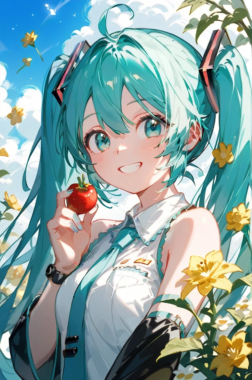 One beautiful girl、Hatsune Miku、Virtual Singer、Green Eyes、long green hair、Hydroponic cultivation、Shining with a smile in the countryside、Flowers with a watering can々Water the、laugh、Take care of the flowers、Very cute smile、The flowers grow vibrantly、Miku is lettuce、basil、tomato、A girl who likes growing vegetables such as perilla leaves、Blue sky, white clouds and houses in the distance