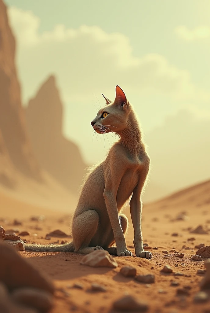 **The Last Cat Standing**  
One cat, with fur barely clinging to its frame and amber eyes full of sorrow, stands alone in the desert, looking at the horizon, desperate for a solution.