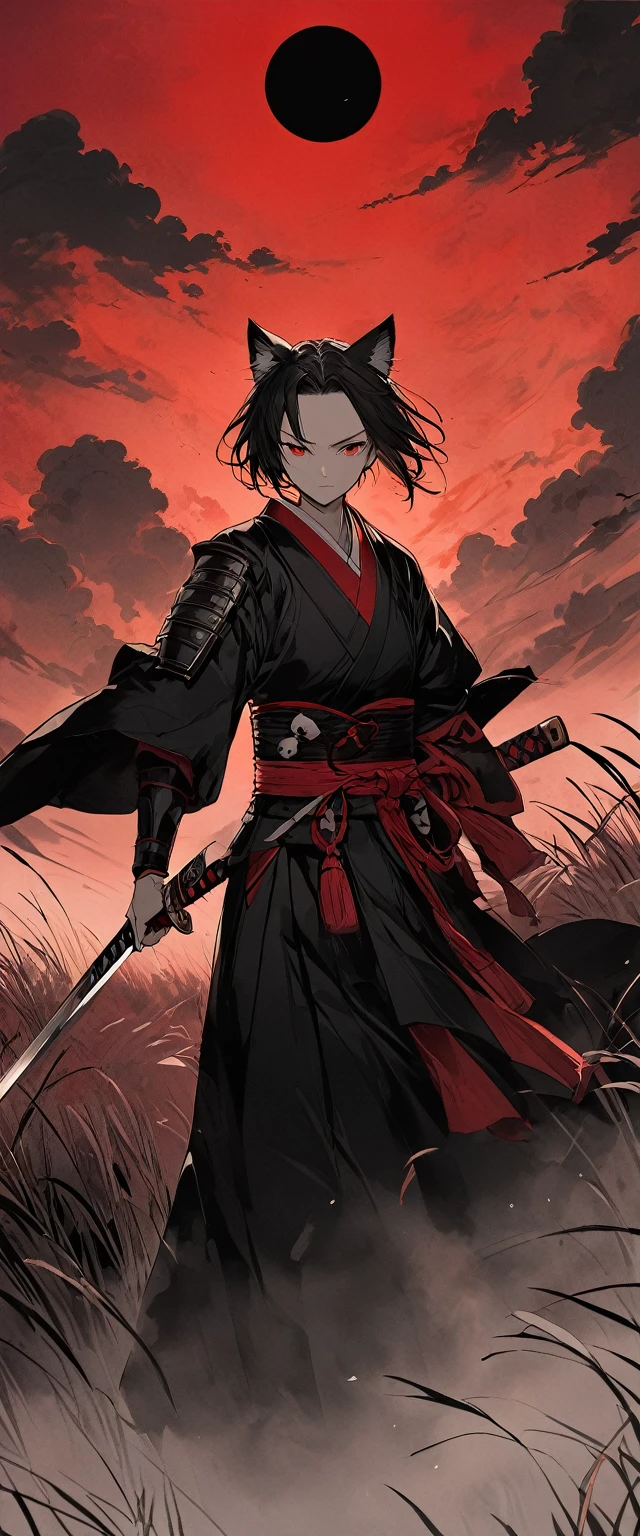 Ink drawn illustrations。high resolution。Beautiful Face。A woman in scarlet ronin clothing。Beautiful feet。Messy red short hair。forehead。Cat ear。Cat Eyes。 White silver grass field。A world of thick fog,。Red Eyes。clothes are blowing in the wind。Serious expression。The sword is at his waist。alone。Japan。black sun。Red Sky。Chiaroscuro,