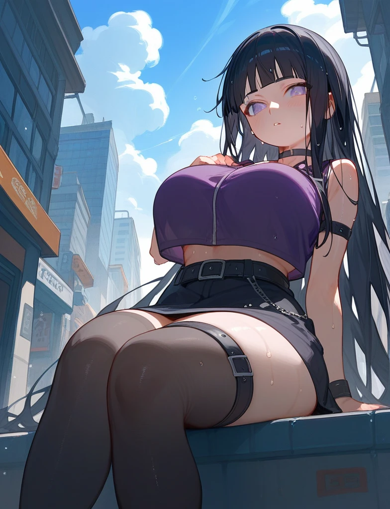 score_9_up,score_8_up, girl, solo , from below, hinata hyuga, Naruto, ((sweaty)), black hair , long hair, (blush:1.1), choker, big breast, city, streets, sitting, (violet top), black stockings, skirt, thigh strap, belt
