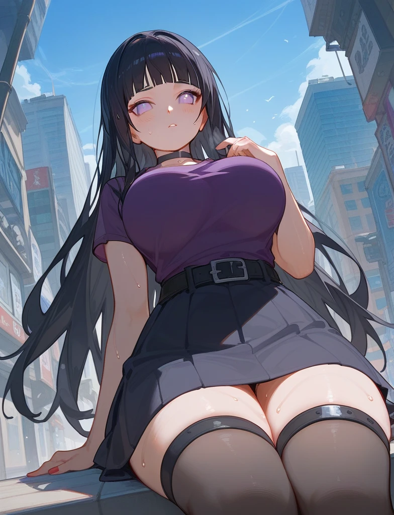 score_9_up,score_8_up, girl, solo , from below, hinata hyuga, Naruto, ((sweaty)), black hair , long hair, (blush:1.1), choker, big breast, city, streets, sitting, (violet top), black stockings, skirt, thigh strap, belt