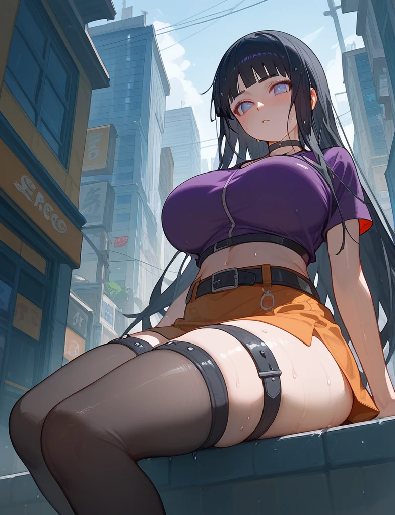 score_9_up,score_8_up, girl, solo , from below, hinata hyuga, Naruto, ((sweaty)), black hair , long hair, (blush:1.1), choker, big breast, city, streets, sitting, (violet top), black stockings, skirt, thigh strap, belt