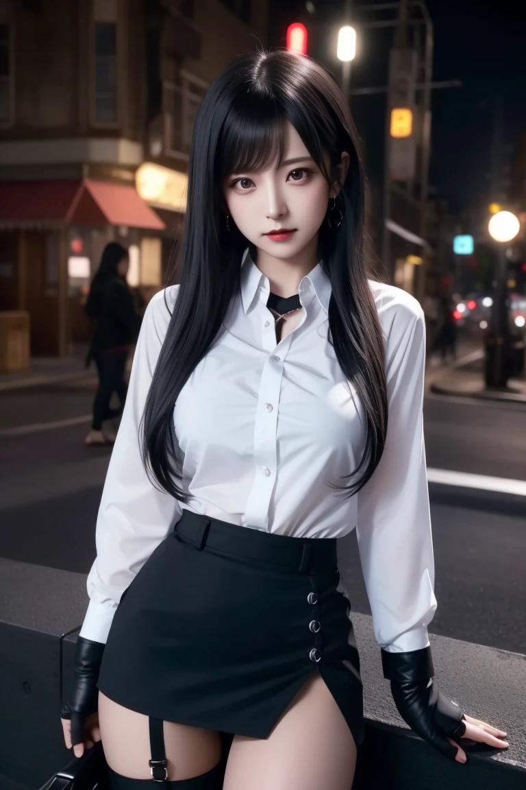 8k,masterpiece,basic quality、(1 person),Tifa Lockhart,Red eyes,City roofs,Black Hair,Long Hair,Professional Lighting,(Glowing Skin:1.2)、((Highest quality)),Highly detailed face and skin texture,Delicate eyes、Black slit skirt,Black Gloves, White button-up shirt,sexy、Black Panties、Big Breasts、Orgasm moment、Put a vibrator in the vagina