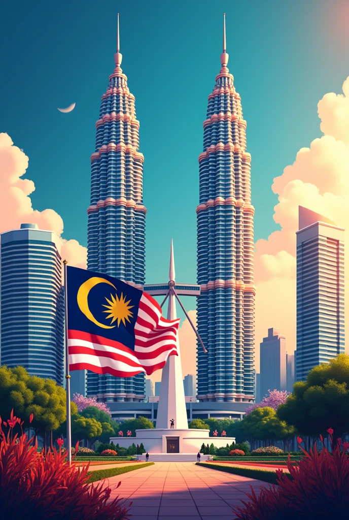 a poster about Malaysia Independence Day with KL tower & National Monument of Malaysia with Malaysian Flag