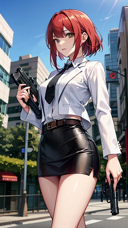 Highest quality、Ultra HD、One Woman、(Red hair short bob 1.3)、(White blazer 1.3)、(Black tie)、(shirt)、(Black leather shoes 1.1)、((Black mini tight skirt))、((Thigh 1.2))、((1 with a gun in each hand.5))、Stylish、(Beautiful face with sharp eyes 1.2)、(Leather belt 1.2)、2 female、slender、(Daytime city background 1.2)、((A clear and beautiful touch))