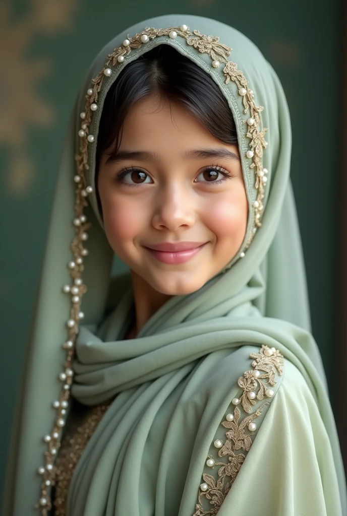 A pakistani girl having doe eyes and rabbit smile cute features round face wearing hijab on head and covering chest with hujab and also a fancy sage georgette duppatta having pearls on edges of duppata and that duppata is on head along with hijab and dress is also fancy sage colour maxi