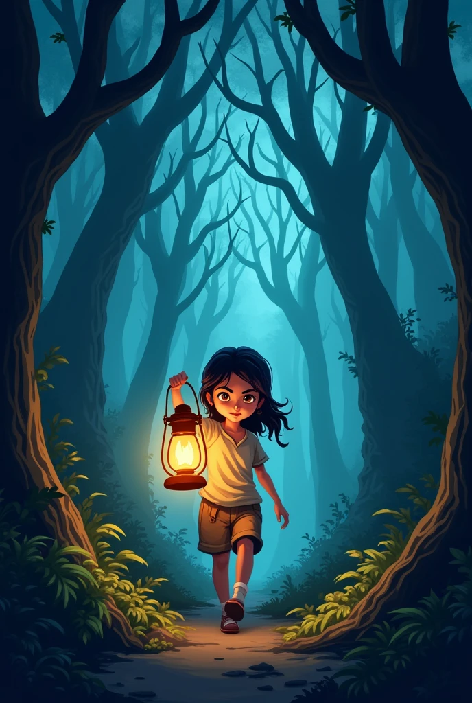 - A determined young girl with a lantern, navigating through a dense and dark forest, with eerie shapes and shadows looming around her.
Use high resolution cartoon image