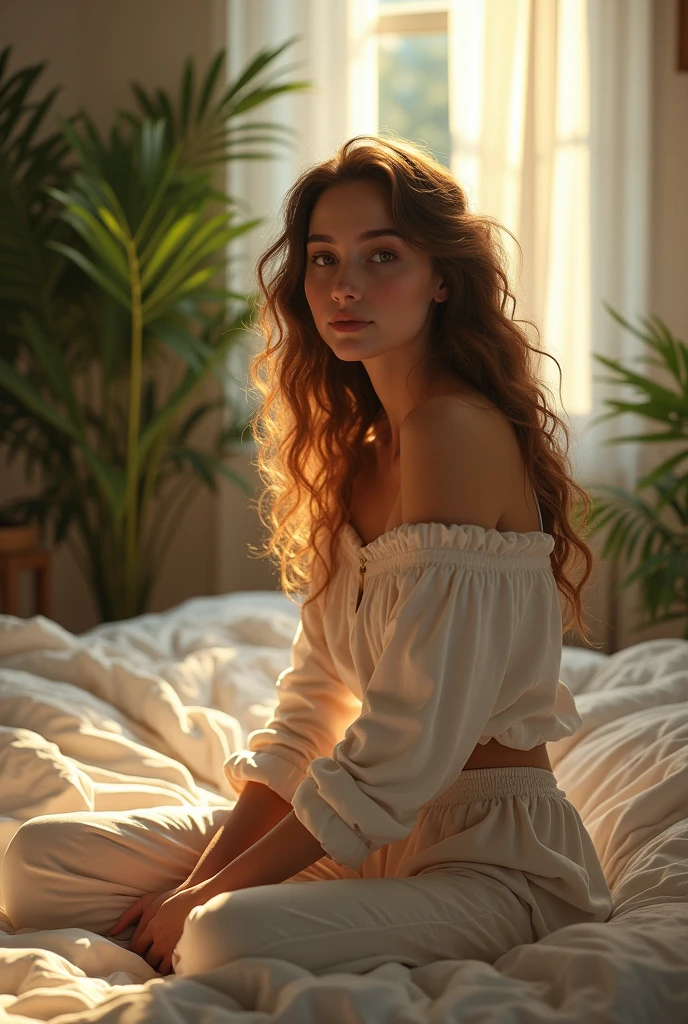 (photorealism:1.2), beautiful woman, sitting on bed, wearing loose off-shoulder top, pajama pants, long curly hair, indoors, soft lighting, plants in background, window with sunlight, cozy room, relaxed pose, realistic, intricate details, warm colors, by Greg Rutkowski, by Alphonse Mucha