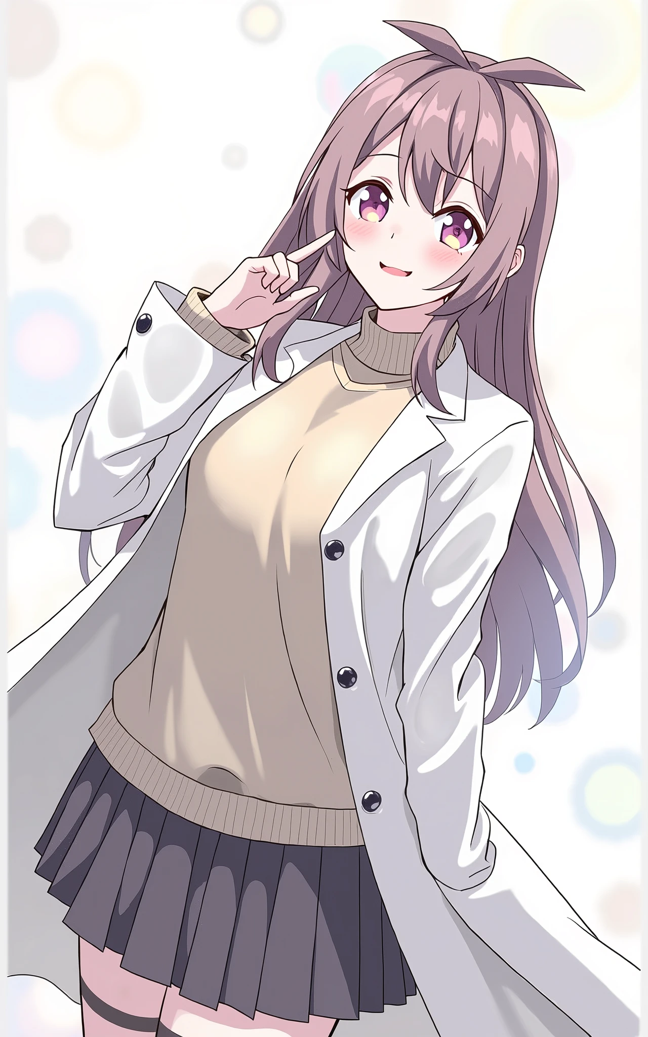 anime girl with brown hair and a sweater with labcoat and black skirt, (hair swept bangs:1.3), (long brown hair:1.3), doctor girl, anime style, from girls frontline, fine details. girls frontline, girls frontline universe, girls frontline style, girls frontline, girls frontline cg, soft anime illustration, 2 0 2 2 anime style, 2022 anime style, pixiv contest winner, pretty anime character design, render of april