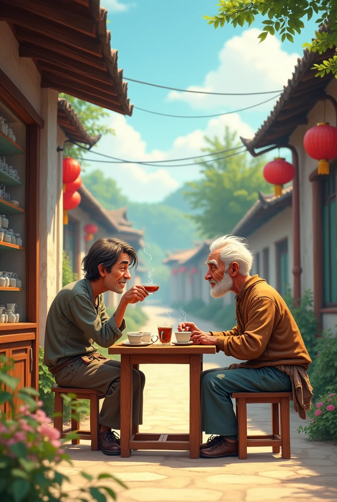 Poor old man wearing rags clothes sit in tea shop on village road everyone wants to meet him cartoon animation
