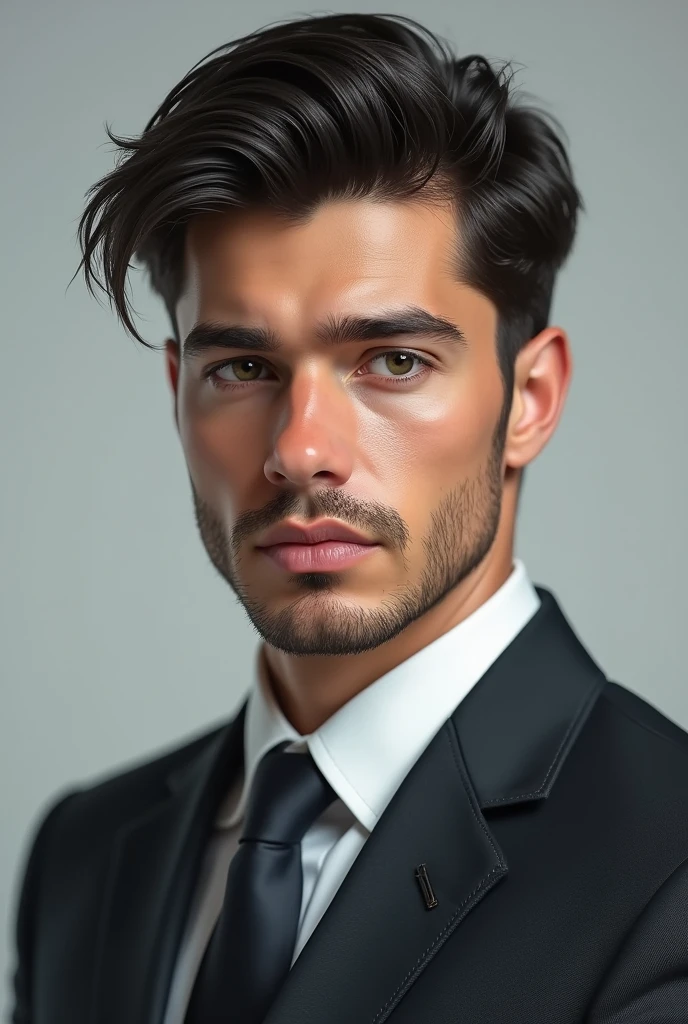 (photorealism:1.2), man in his 20s, black very short hair, light stubble, caucasian, wearing a suit