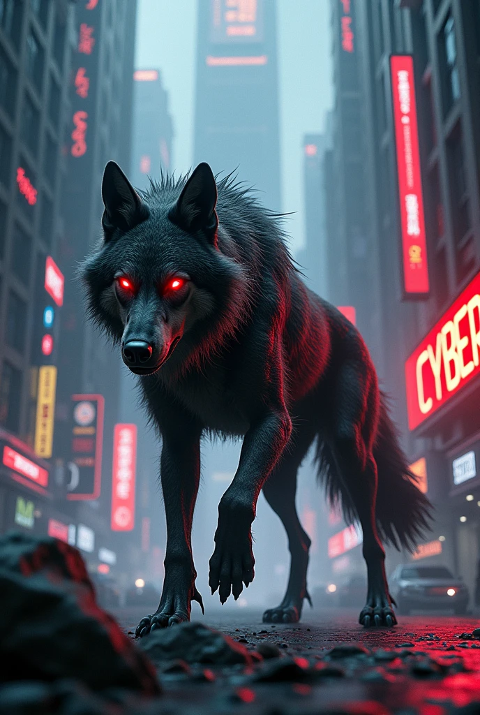 Wolf dark background cyber city Red cyber number and black