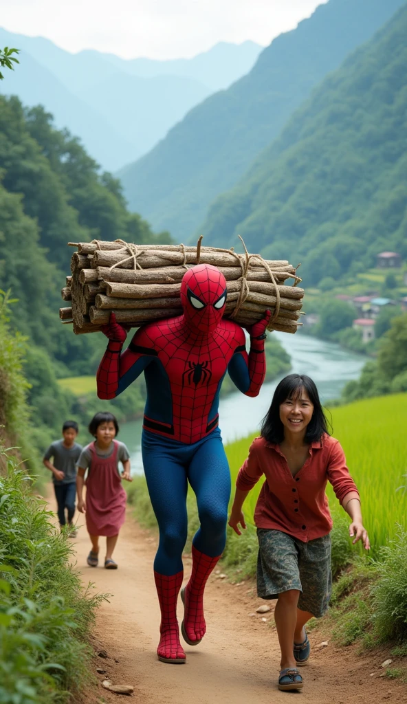 Spiderman carrying some firewood on his back while walking on an uphill dirt road, It was clear that the woman's face was smiling and full of sweat, rural background, ricefield, river, mountains, followed by three small children, the picture looks real, realistic full HD 4K