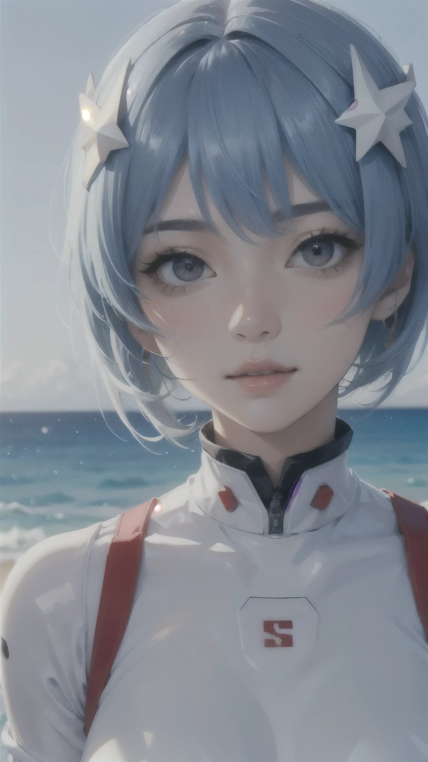 1 person、solo、Staring at the audience、ayanami_rey、Blue Short Hair、White bodysuit、gloves、Red eyes、soloフォーカス、Beautiful and aesthetic face、Detailed face、clean facial features、Very delicate and beautiful、Beautifully detailed eyes、Stars in my eyes、Pink Lips、Perfect Face、sexy、slim、Large Breasts、Are thin、Close-up of face、scenery、Red Sea、Seaside