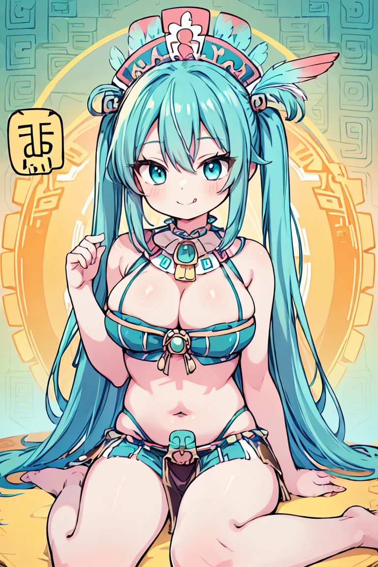 aqua eyes, aqua hair, crossed bangs, hair between eyes, long hair, twintails, aztec, beautiful, smile, smug face, tongue, medium breast, tuft, bare legs, bare shoulders, bare arms, hat with feathers, sitting, aztec background,  look at viewer, tribal feathers in head, cleavage, belly button , sit on statue