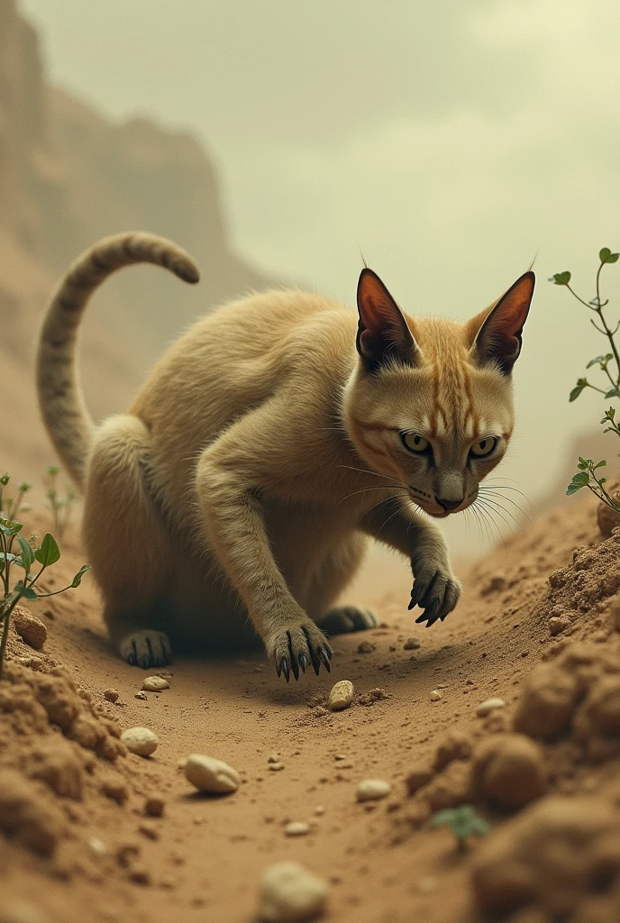 **Attempt to Replant**
The cats, now weakened and frail, try to plant seeds in the arid soil. Their once-sharp claws now dull, struggling to dig into the dry earth under a bleak sky.