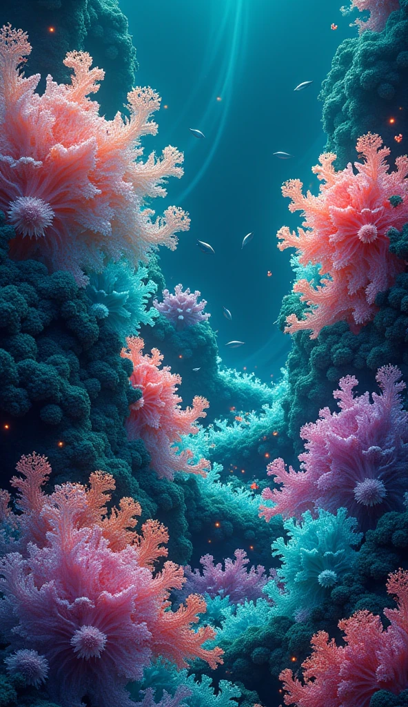 Picture an abstract, undersea scene where a coral reef is depicted using intricate fractal patterns. The coral structures are composed of swirling, geometric shapes in vivid colors—turquoise, coral pink, and seafoam green—against a deep, navy blue background. The reef glows with bioluminescence, with tiny, glowing dots and lines tracing the contours of the coral, adding a sense of depth and movement. The water is hinted at by the smooth, flowing lines that mimic currents, while abstract fish and sea creatures weave in and out of the coral, their forms just barely discernible in the complexity of the patterns. The overall effect is a mesmerizing, almost hypnotic undersea world that feels both alien and beautiful