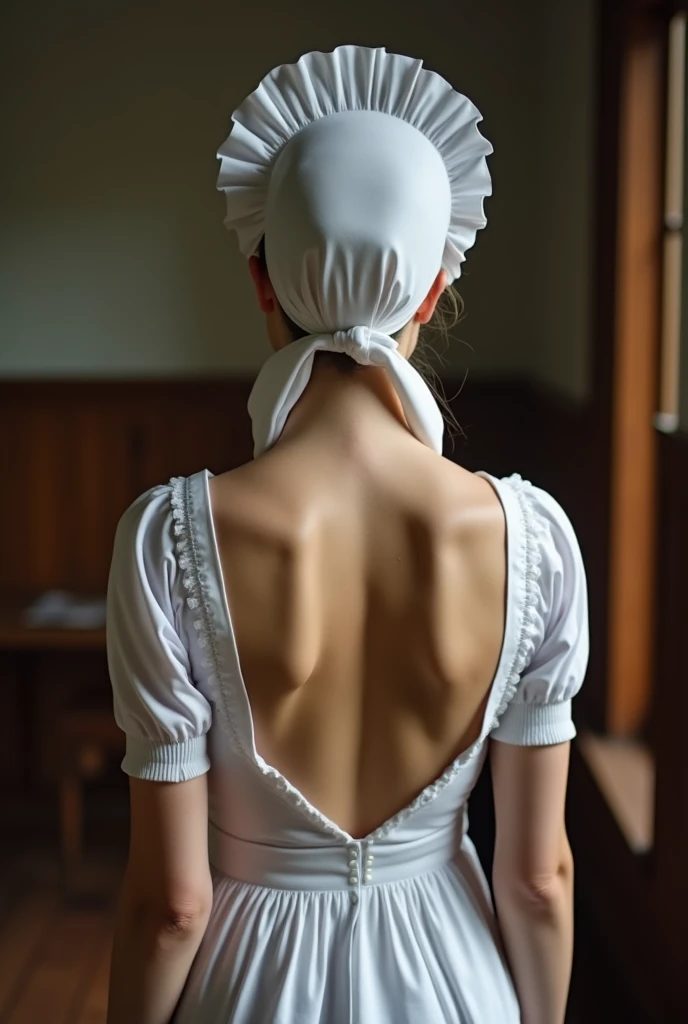 young Amish woman, wearing white maid's hat, revealing waist, backless, exposed back, back to audience, facing inward