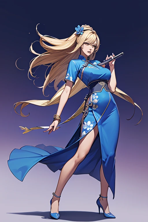 Highest quality,high resolution,comics,(Cel animation style),A woman is standing alone,30 year old Asian female,(Long blonde hair),((Blue Chinese Dress)),((Blue heels)),((1 Holding a gun in each hand.6)),(Hibiscus hair accessory),(Beautiful face with slits 1.3)，(gold bracelets on both wrists),Beautiful Style,Slender body,(Large Breasts),((Night city background))