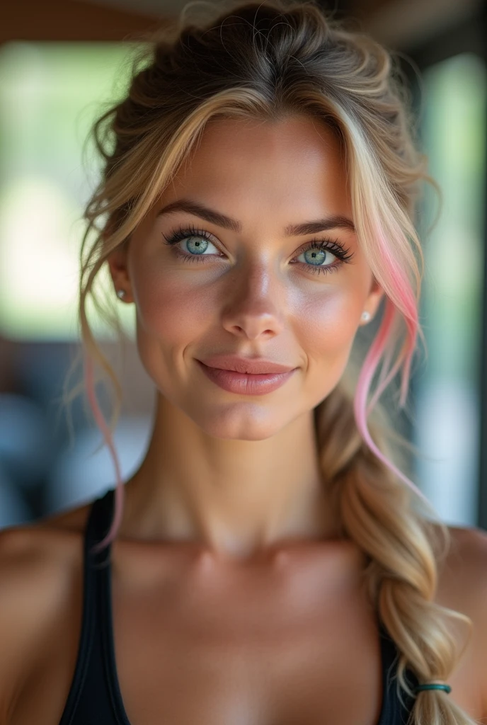 "((Photo mi-longueur d'une belle fille)), ((Nationalité italienne)), ((blonde aux reflets roses)), ((Cheveux attachés)), La fille a l'air timide, ((Visage détaillé)), ((peau détaillée)), silhouette attrayante, ((grands yeux bleus ronds)), eye-liner noir, ((Lèvres sensuelles)), pose suggestive, ((s'entraîne à la salle de sport)), ((vient de terminer une séance de sport du matin)), ((La photo doit être de la plus haute qualité)), ((très réaliste)), ((naturel)), ((clair)), Gros plan de la personne, environ 20 ans."