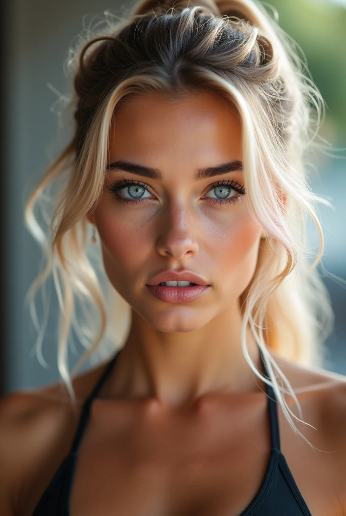 "((Photo mi-longueur d'une belle fille)), ((Nationalité italienne)), ((blonde aux reflets roses)), ((Cheveux attachés)), La fille a l'air timide, ((Visage détaillé)), ((peau détaillée)), silhouette attrayante, ((grands yeux bleus ronds)), eye-liner noir, ((Lèvres sensuelles)), pose suggestive, ((s'entraîne à la salle de sport)), ((vient de terminer une séance de sport du matin)), ((La photo doit être de la plus haute qualité)), ((très réaliste)), ((naturel)), ((clair)), Gros plan de la personne, environ 20 ans."