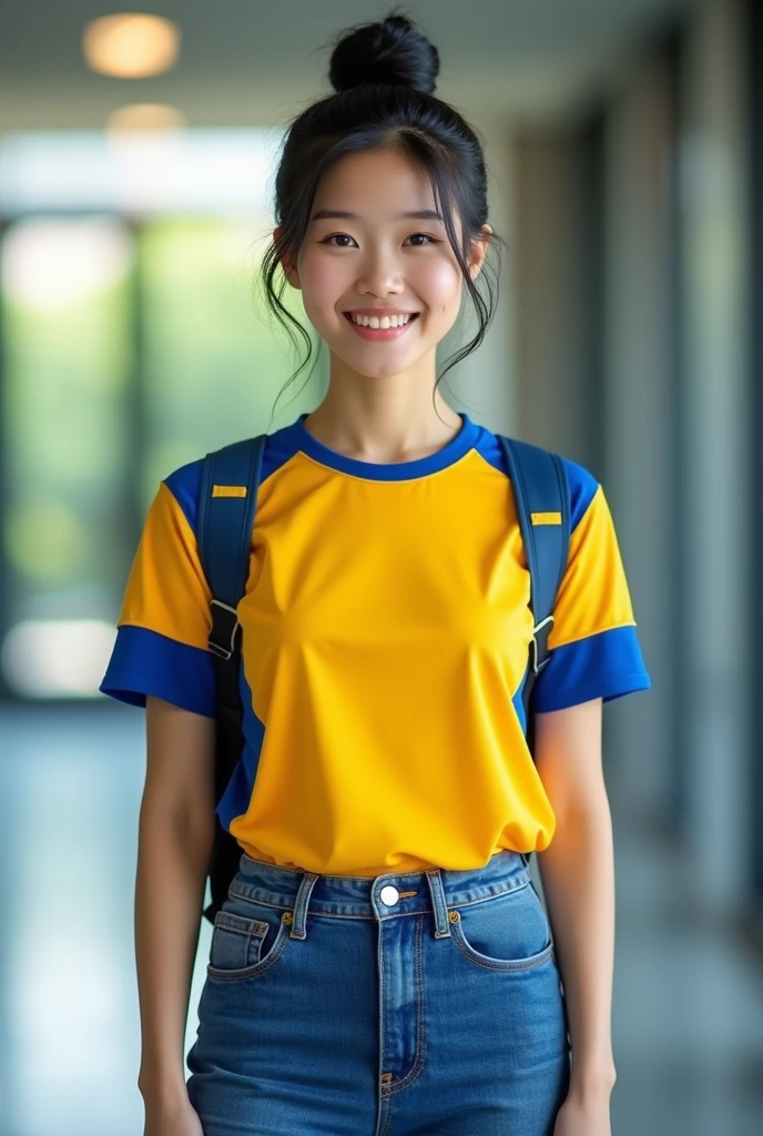 An Asian high grade female student with a short black bun wears a yellow and blue striped sports uniform and blue jean