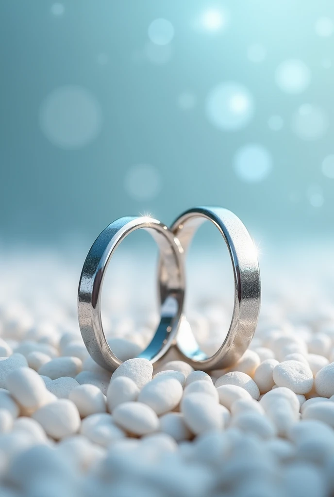 Photo of white gold wedding rings, standing on their ribs next to each other on small white stones surrounded by a soft bluish haze in the backlight