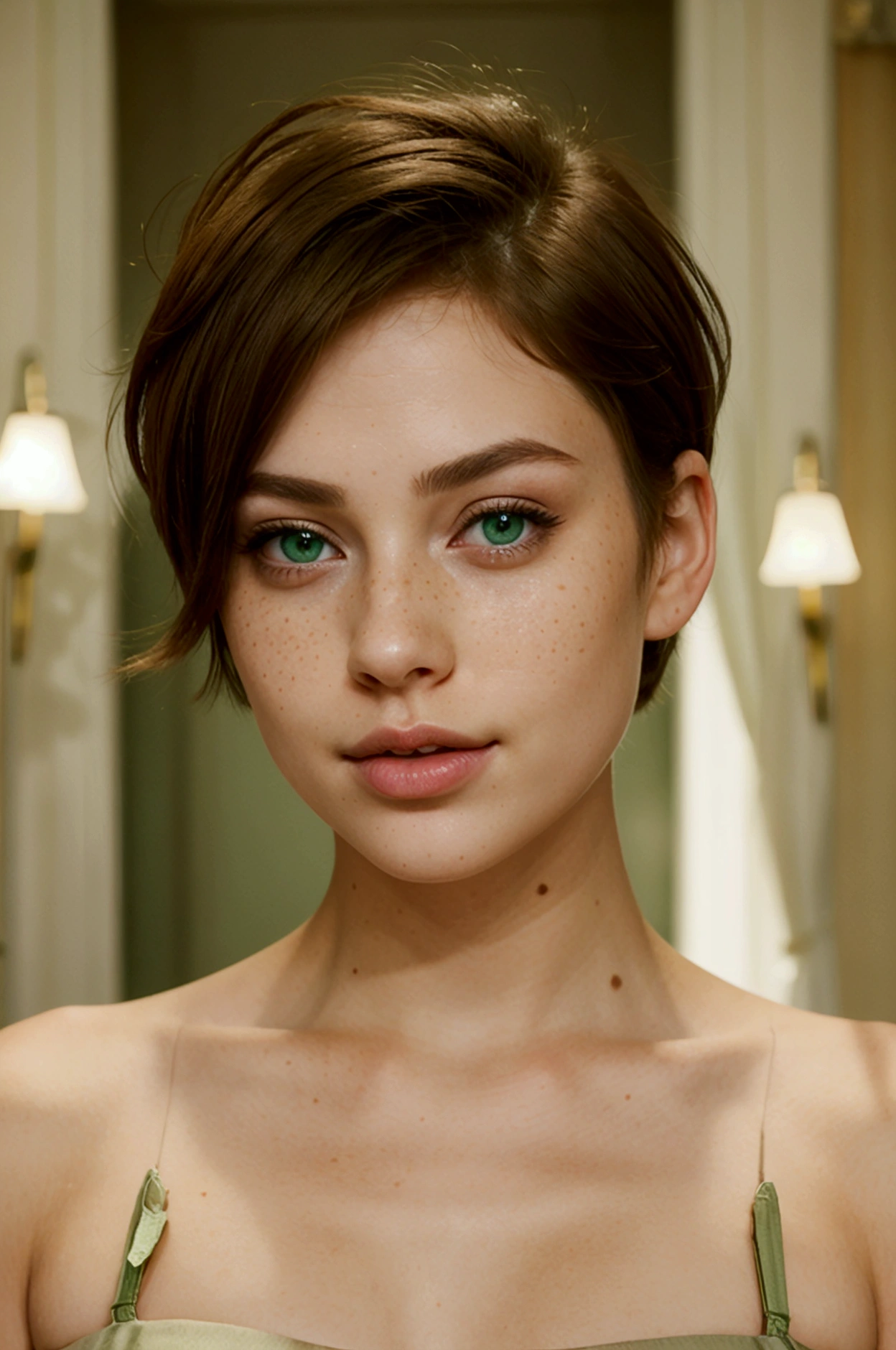 BEAUTIFUL VERY SEXY WITH SHORT HAIR, FULL LIPS AND LIGHT FRECKLES and green eyes