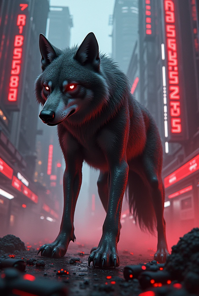 Wolf dark background cyber city Red cyber number and black rpg