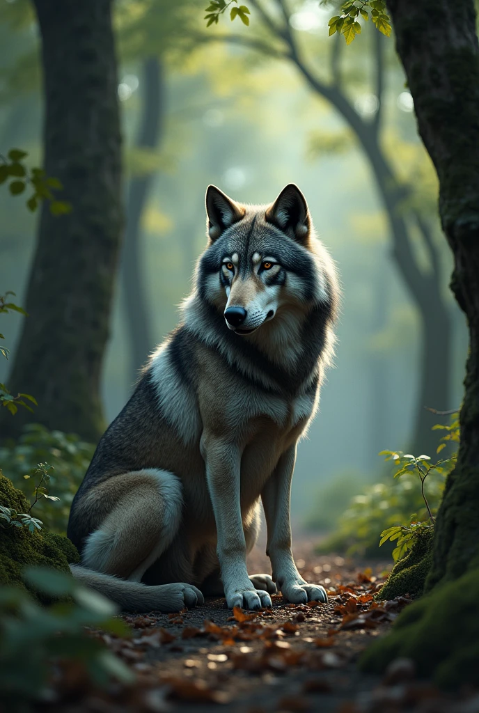 The wolf is sitting in the forest.