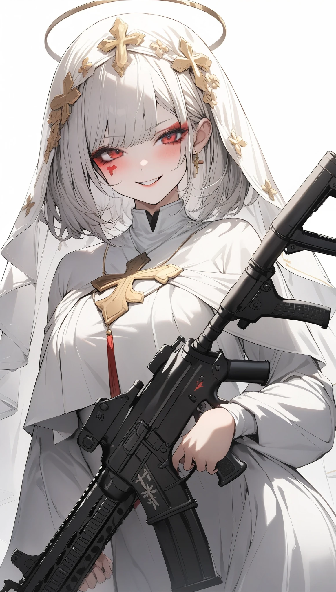 {{masterpiece}}, The best quality of life, 超High resolution, Attention to detail, high quality, High resolution, 最high quality, 4K, 8k,Attention to detail,((Silver fluffy short cut))) 、One person, 1 female、Perfect proportions,((perfect red eyes、Exquisite makeup、Face tattoos)) ,((White background))、(((Sister、The Scapular、Monastic uniform、White Veil))A nasty smile、Cowboy Shot、Watching Me、Holding an assault rifle、assault rifle