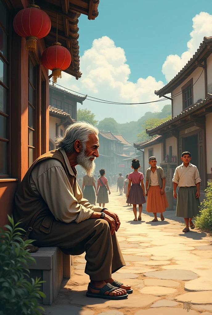 Poor old man wearing rags clothes sit in tea shop on village road everyone wants to meet him show village people they do own work cartoon animation