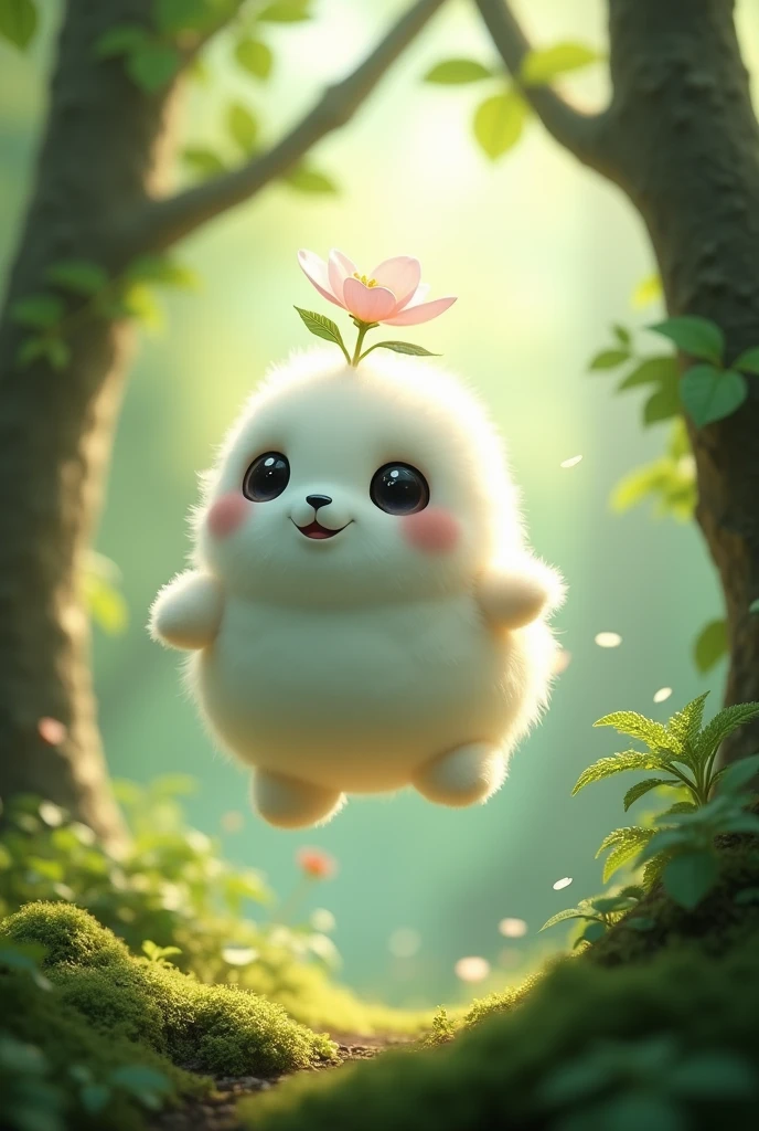 A round white animal with fluffy fur、Big round eyes、flower on head、No limbs、Move while flying、Spirit in the forest、Flying a lot