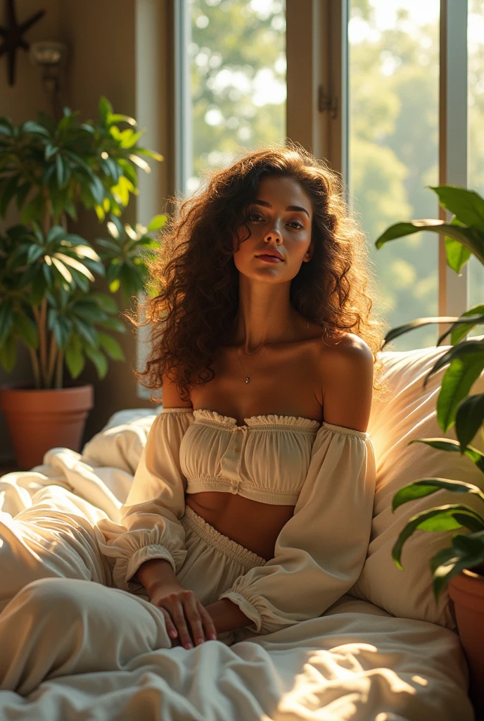 Here’s a prompt combining the elements you mentioned:
**"Create a photorealistic image of a beautiful woman sitting on a bed in an outdoor setting. She is wearing a loose off-shoulder top and pajama pants, with long curly hair cascading around her. The scene is bathed in soft, warm lighting, with sunlight streaming through a nearby window. The background features lush plants and a hint of a modern building. Incorporate intricate details and a warm color palette, blending the realistic style of Greg Rutkowski with the decorative, ornate elements of Alphonse Mucha's work."**