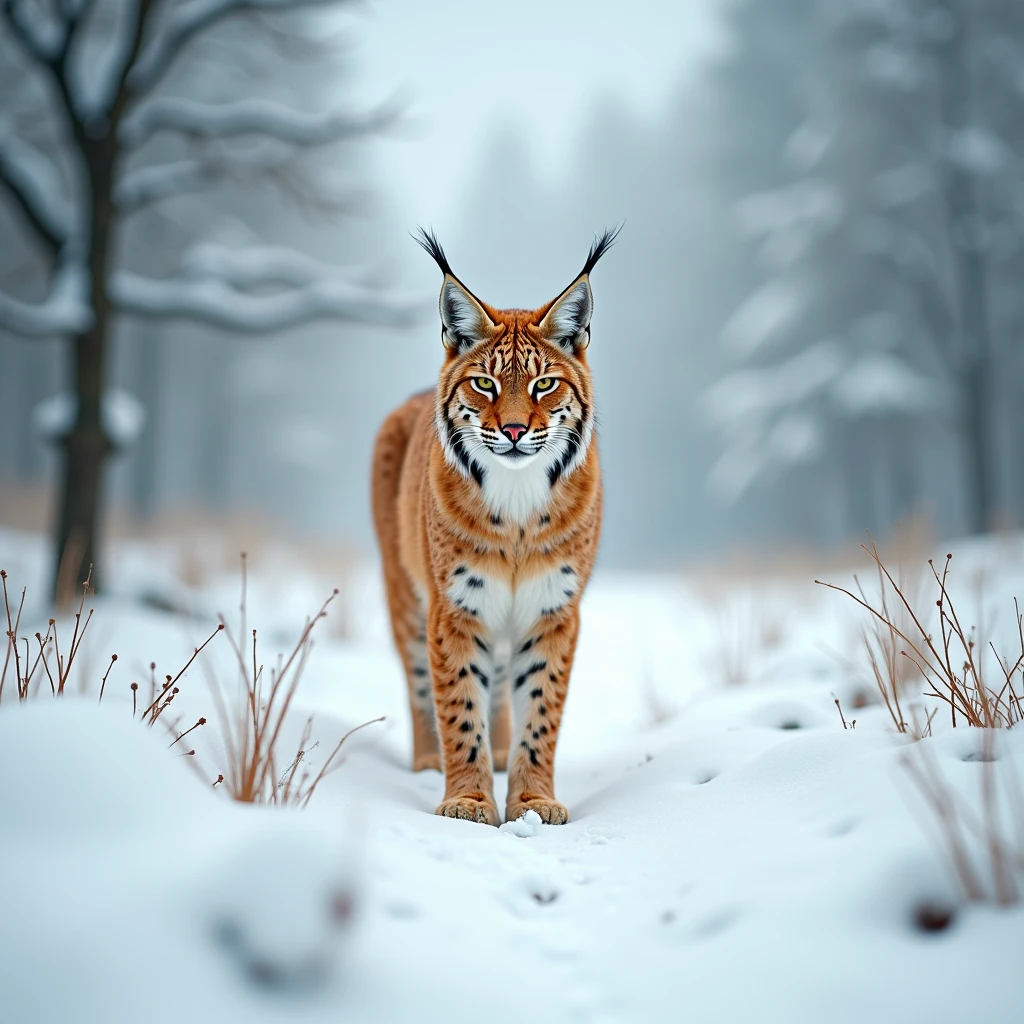 a low-angel shot an orange lynx in a snowy environment, high resolution, HDR, subtle lush green element to the image