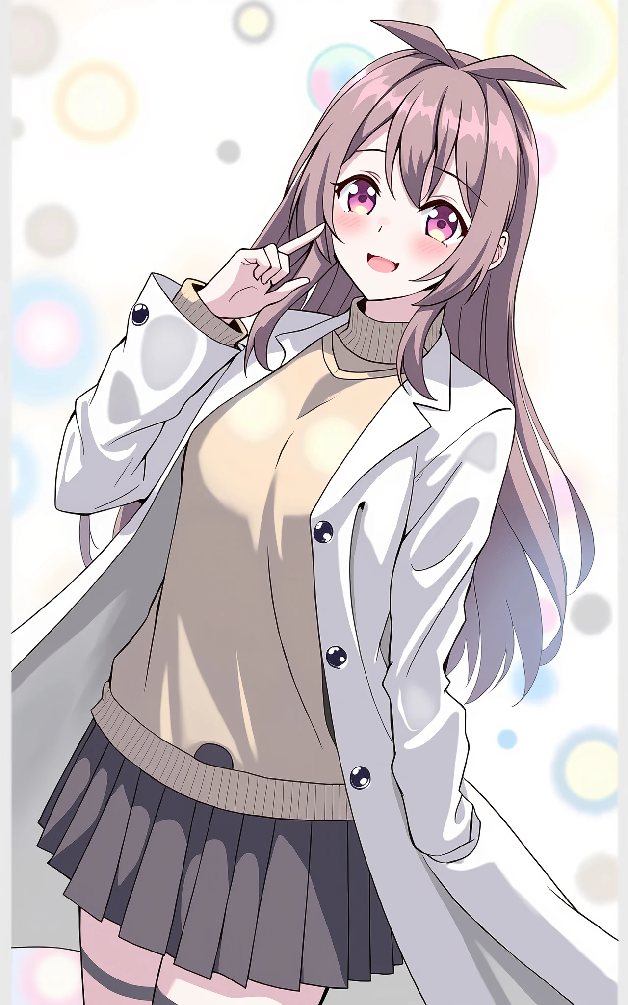 anime girl with brown hair and a sweater with labcoat and black skirt, (hair swept bangs:1.3), (long brown hair:1.3), doctor girl, anime style, from girls frontline, fine details. girls frontline, girls frontline universe, girls frontline style, girls frontline, girls frontline cg, soft anime illustration, 2 0 2 2 anime style, 2022 anime style, pixiv contest winner, pretty anime character design, render of april