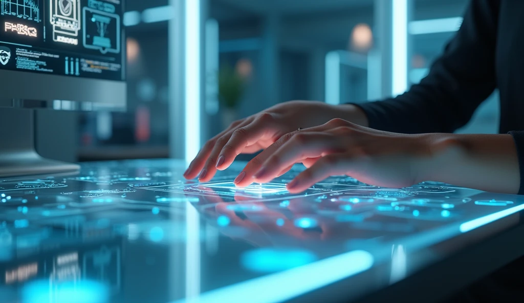 Close-up of a person working from home in a futuristic environment: detailed view of advanced tech gadgets, holographic displays, and a sleek, modern workspace. Focus on the individual's hands interacting with futuristic devices and the high-tech elements of the desk