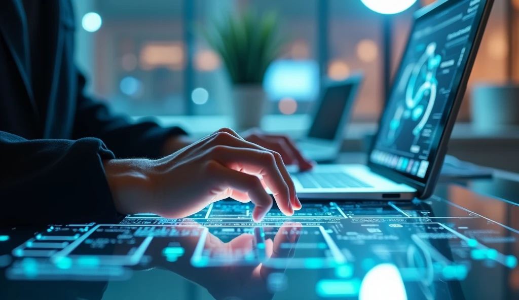 Close-up of a person working from home in a futuristic environment: detailed view of advanced tech gadgets, holographic displays, and a sleek, modern workspace. Focus on the individual's hands interacting with futuristic devices and the high-tech elements of the desk