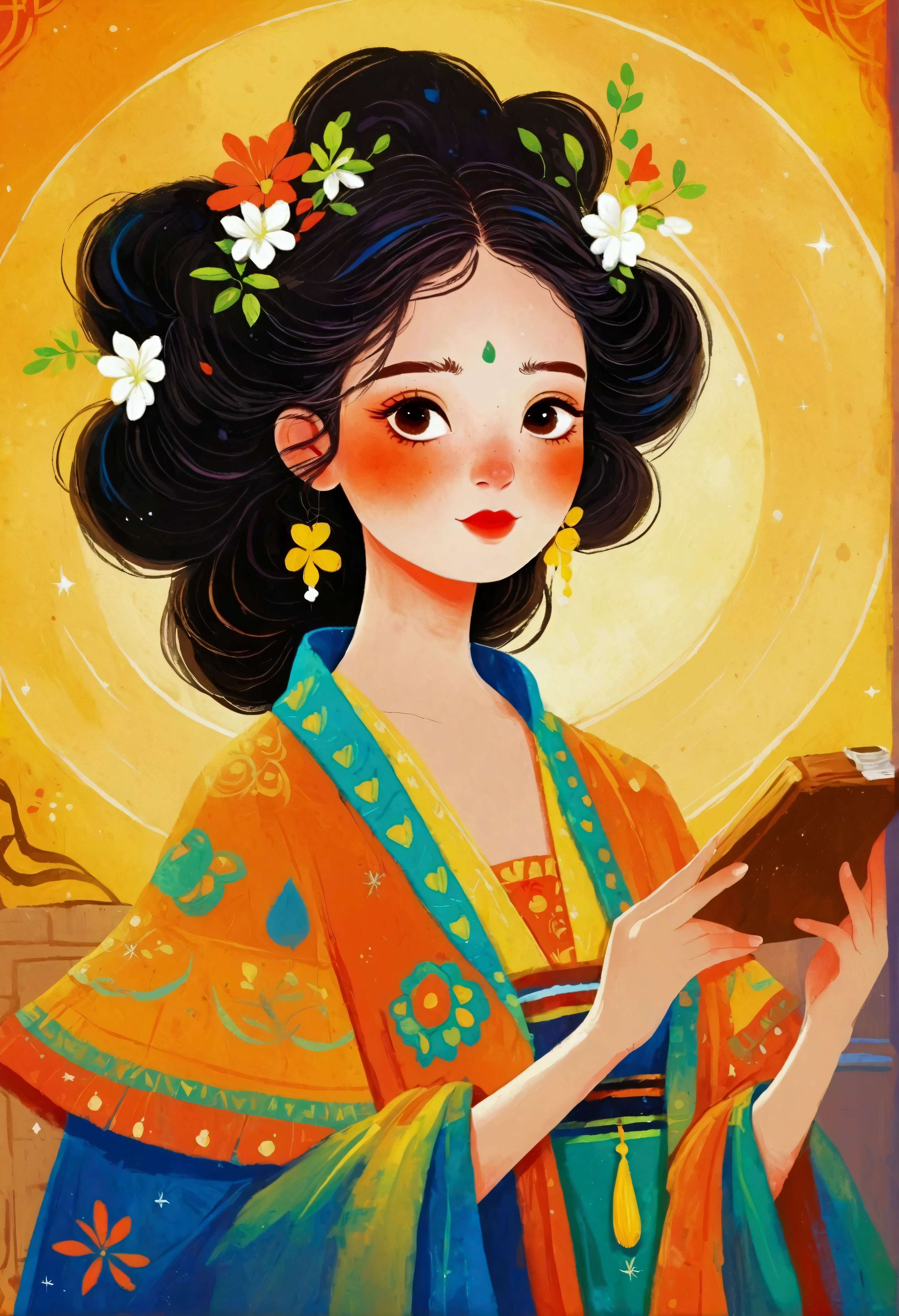 Woman in a painting,Ethnic costumes,Digital illustration style, Digital Cartoon Art, cartoon style illustration,