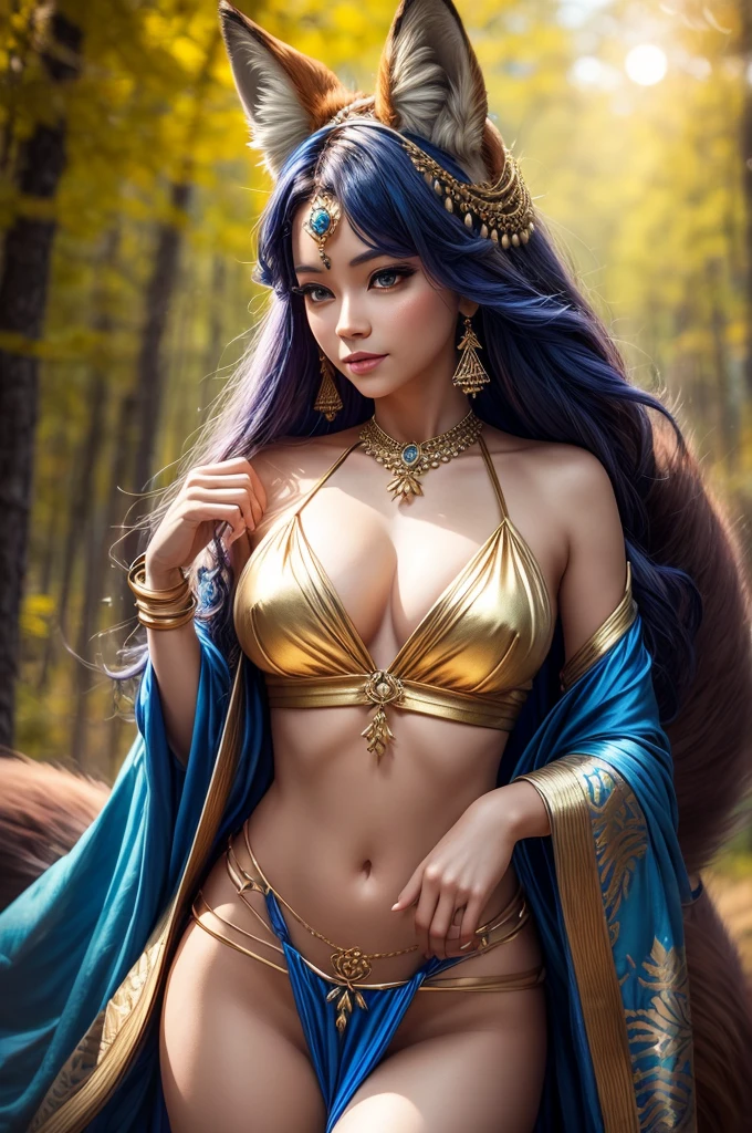 The Fox Godess, Beautyful, Silk Top,Clouds,Fox Tail, Loincloth, Golden Blue Metal Top, Forest,( bokeh )