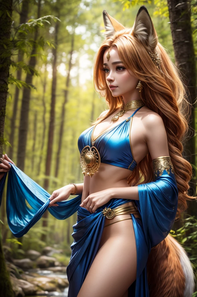 The Fox Godess, Beautyful, Silk Top,Clouds,Fox Tail, Loincloth, Golden Blue Metal Top, Forest,( bokeh )